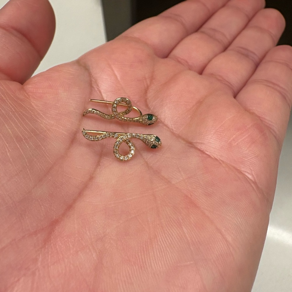 14K solid gold snake ear climbers with diamonds and emeralds